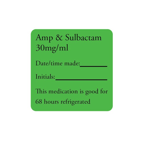 Label, Ampicillin + Sulbactam 30mg/ml 1" x 1" Flr Green w/Black